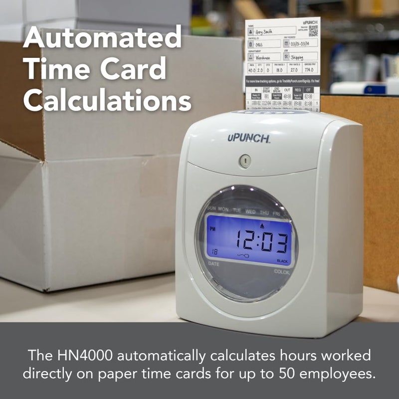 uPunch HN2500 Calculating Time Clock Bundle for Small Business: Auto Align Employee Time Tracking System with 100 Time Cards, Ribbon, and Keys - Image 5